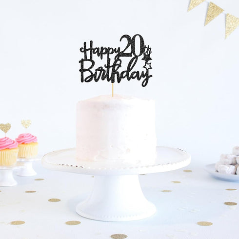 Black Glitter Happy 20th Birthday Cake Topper for, Hello 20th Anniversary, Cheers to 20 Years Party Decorations...