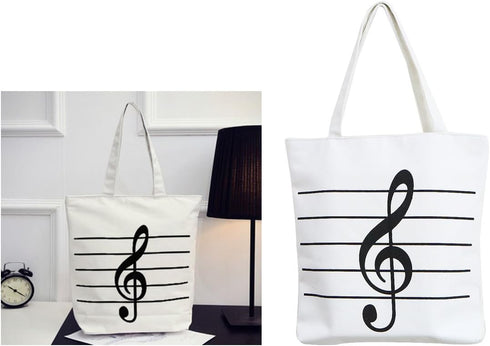 Music Notes Handbag Canvas Tote Bag Reusable Grocery Bag Shoulder Shopping Bag for Women Girls Gift (White)...