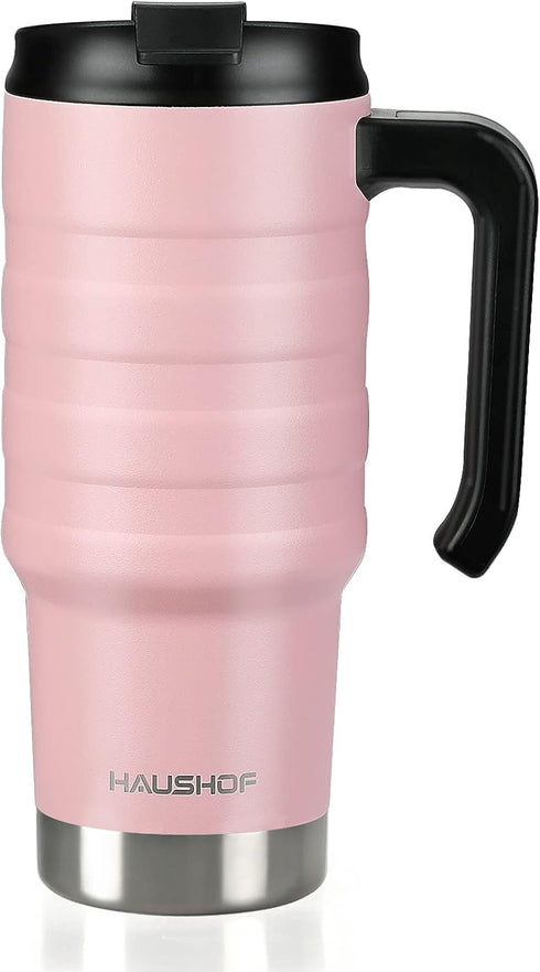 HAUSHOF 24 oz Travel Mug, Stainless Double Wall Vacuum Insulated Tumbler with Handle & Spill Proof Twist On Flip Lid and Wide Mouth, BPA Free (Pin...