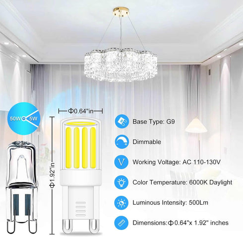 G9 LED Bulb Dimmable, Daylight White 6000K COB G9 LED Bulb, 5W G9 Base Light Bulbs 40W 50W T4 Halogen Equivalent, Bi Pin Base G9 Chandelier Lighti...