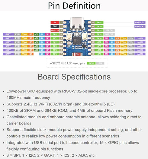 ESP32-C3 Mini Development Board with Pre-Soldered Header, Based on ESP32-C3FN4 Single-Core Processor 160MHz Running Frequency, Support 2.4GHz Wi-F...