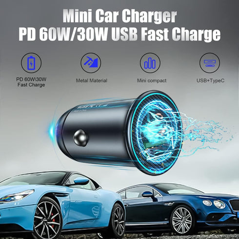 USB-C Car Charger Adapter, Dual Ports Fast Charging PD 60W + QC3.0 30W Mini All-Metal Cigarette Lighter USB Charger Universal for iPhone13/Pro Max...