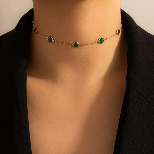 Bohemian Green Crystal Choker Necklace Tiny Emerald Station Chain Necklace Dainty Satellite Necklace Gorgeous Wedding Jewelry Gift for Women Teens...