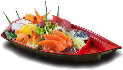 Happy Sales HSSB-10RB, Sushi Boat Shape Plate Sushi Sashimi Serving Plate Melamine Plastic Tray 10 x 4.5 Inch (Red Black)...