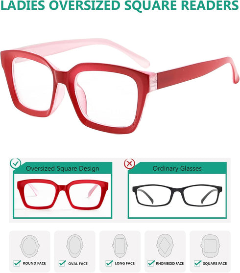 Eyekepper Ladies Reading Glasses - Oversized Square Design Readers for Women Red...