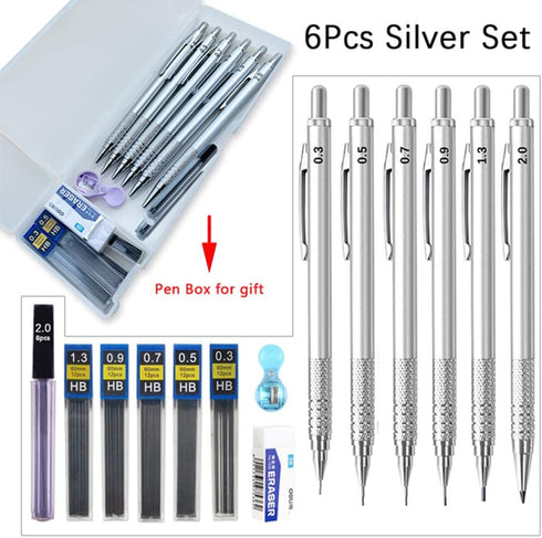 6pcs Metal Mechanical Pencil Set with Leads Refills Eraser Sharpener Storage Case 0.3 0.5 0.7 0.9 1.3 2mm Pencils Stationery Gifts Set (Silver)...