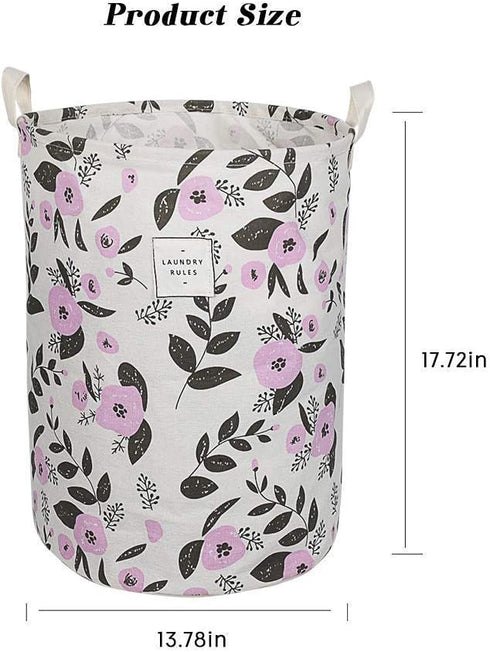UUJOLY Collapsible Laundry Basket, Laundry Hamper with Handles Waterproof Round Cotton Linen Laundry Hamper Printing Household Organizer Basket, 1...