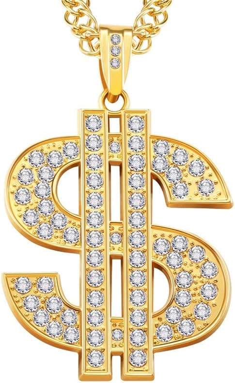 Gold Necklace Chain for Men with Dollar Sign, Bling Gold Plated Hip Hop Dollar Necklace Pendant Rhinestone Jewelry Punk Style...