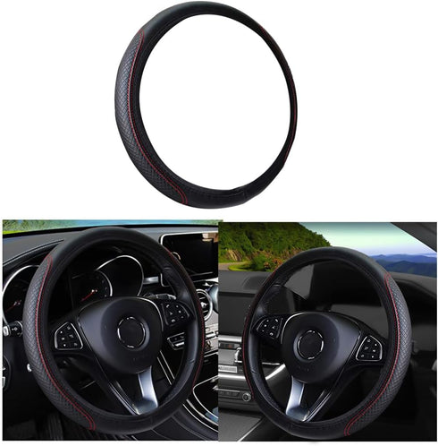 Leather Car Steering Wheel Cover, Elastic, Breathable Anti-Slip, Universal 15 inch, Steering Wheel Cover for Men Women (Black/Red)...