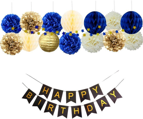 InBy 17pcs Navy Blue and Gold Party Decoration Kit for Baby Boy Shower Men Women Birthday Decoration Happy Birthday Banner 12" 10" 8" Tissue Paper...