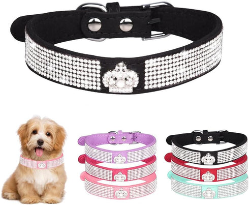 Small Dog Collar with Crown Rhinestone, Pretty Glitter Crystal Jewel Bling Sparkly Diamond Puppy Collars for XXS Xs Small Medium Pet Girls Dogs Fe...