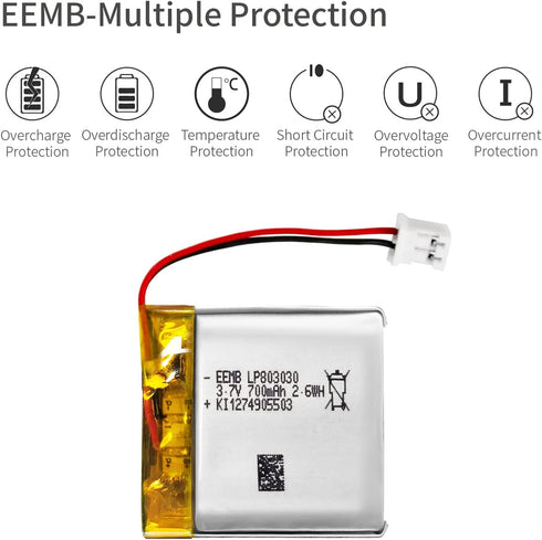 EEMB Lithium Polymer Battery 3.7V 700mAh 803030 Lipo Rechargeable Battery Pack with Wire JST Connector for Speaker and Wireless Device- Confirm De...
