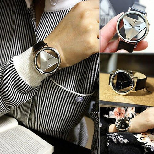 Unisex Charm Glass Hollow Triangle Dial Faux Leather Analog Quartz Wrist Watch...