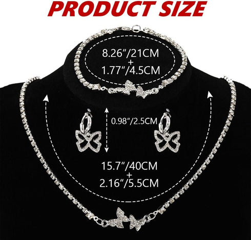 Rhinestone Butterfly Jewelry Set Silver Sparkly Crystal Necklace Chain with Bracelets and Earrings for Women(3PCS)...