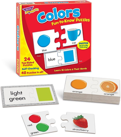 Trend Enterprises: Fun-to-Know Puzzles: Colors, Learn 16 Colors and Their Words, 24 Two-Sided Puzzles, Self-Checking, 48 Puzzles Total, for Ages 3...
