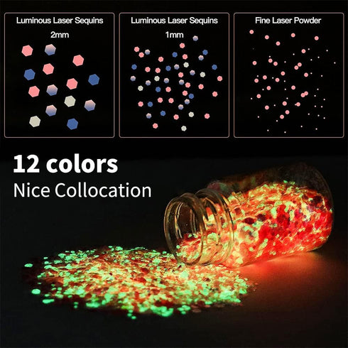 Glow in The Dark Glitter 15 Jar - 12 Colors Glow Glitter and 3 Colors Gold Foil Flakes, High Luminous Glitter for Resin Crafts, Cosmetic, Nail, Gl...