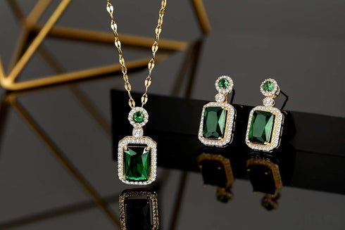 Emerald Jewelry for Women Green Stone Necklace Earrings Set Cute Necklaces with Crystal Dangle Earrings...