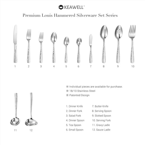 KEAWELL Premium Louis Hammered Serving Spoons, 18/10 Stainless Steel, Fine Spoon Set with Squared Edge, Dishwasher Safe, Silver Serving utensils (...