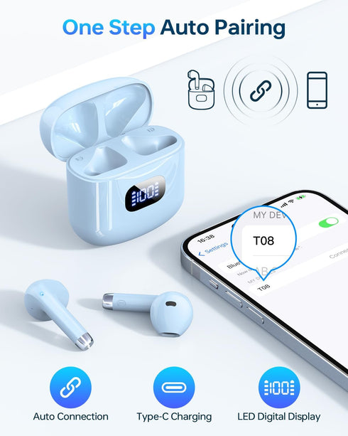 Wireless Earbuds Bluetooth 5.3 Headphones, 40Hrs Playback Stereo Ear Buds with LED Display Charging Case IPX7 Waterproof in-Ear Earphones with Mic...