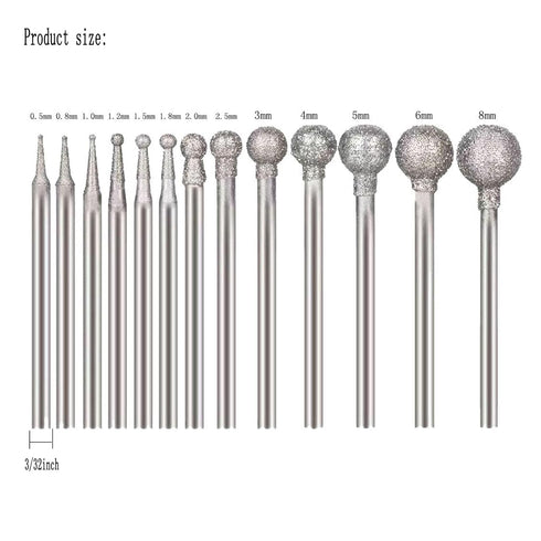 ?????? ???? 13 Pcs Ball Shape Diamond Burr - 3/32'' Shank Diamond Mounted Round Ball Burs Stone Carving Bits for Rotary Tools includes Dremel...
