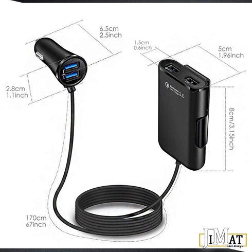 QC 3.0 Quick Charge USB Car Charger Compatible with Android iOS Smartphones USB Device Front/Back Seat Cigarette Lighter Chargers 5.6Ft Extension ...