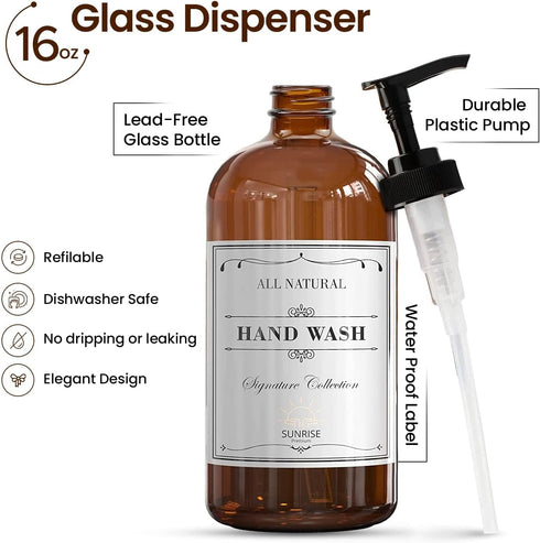 16 OZ Thick Amber Glass Soap Dispenser with Plastic Pump 2 Pack, Hand and Dish Soap Dispenser Set for Bathroom with 6 Waterproof Labels...