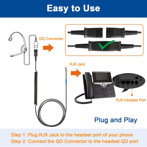 U10 Headset Adapter RJ9 to QD Cable for Plantronics Quick Disconnect Headsets Coil Cord Compatible with Cisco IP Phones 6945 7940 7942 7945 7960 7...