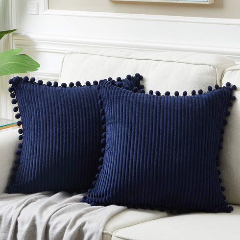 Fancy Homi Pack of 2 Corduroy Navy Blue Decorative Throw Pillow Covers with Pom-poms, Solid Square Cushion Case Pillow Cases Set for Couch Sofa Be...