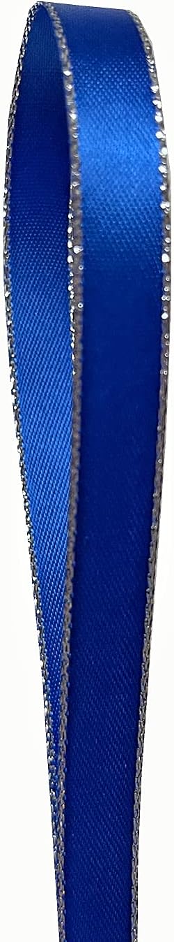 QIANF Royal Blue Double Face Satin Ribbon with Silver Border for Gift Wrapping, Hair Bows, Wedding Party Decoration, Crafts Sewing, Invitation Car...