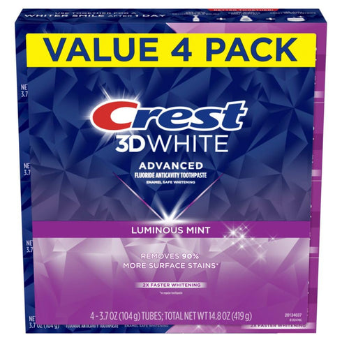 Crest 3D White Advanced Luminous Mint Teeth Whitening Toothpaste, 3.7 oz Pack of 4 - Helps Remove Surface Stains, Whitens Teeth, Strengthens Tooth...