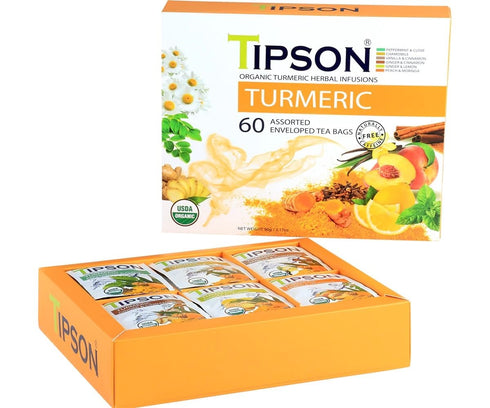 Tipson Organic Turmeric Variety Sampler - 6 Flavors (60 Tea Bags), Herbal Tea Infusions - USDA Organic, Non GMO, and Gluten Free...