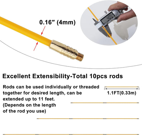 11' Fiberglass Running Electrical Wire Cable Pulling Fish Tape Kit with 5 Different Attachments and Fish Tape Tool in a Carrying Case...