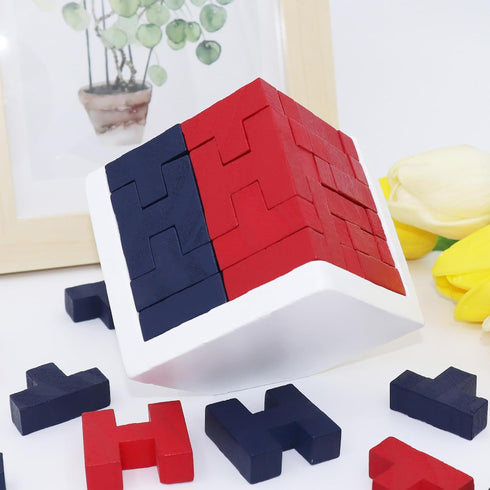 Wooden Brain Teaser Puzzle Cube Wooden Puzzles T-shaped Jigsaw Logic Puzzle Educational Toy for Kids and Adults by AHYUAN (Red and Black)...
