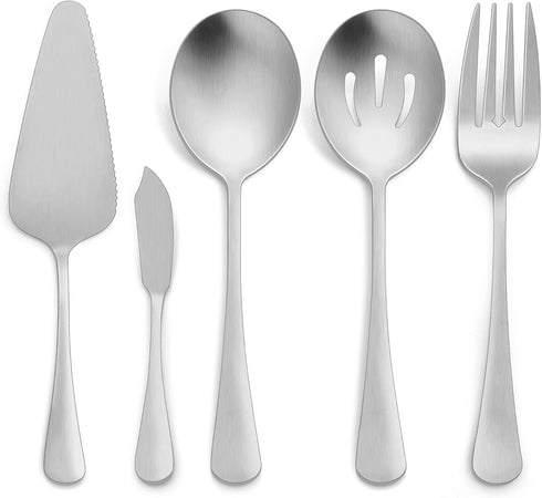 LIANYU 5-Piece Matte Serving Utensils Set, Stainless Steel Serving Set Include Serving Spoon Fork, Flatware Serving Pieces for Buffet Catering, Sa...
