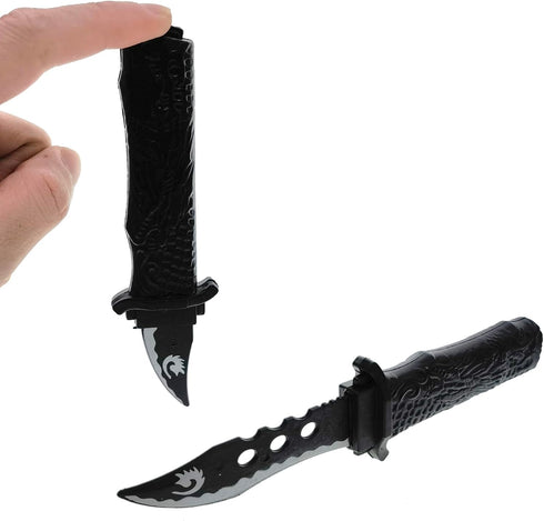 3pcs Retractable Fake Knife Realistic Toy Plastic Prop Black Dragon Pattern Handle Dagger Drop Point for Halloween Fools Day Party Cosplay Joke Ga...