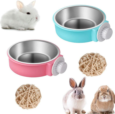 Rabbit Bowls Set, Big Pet Bunny Food Bowls Small Animals Cage Bowl and Stainless Steel Hanging Water Food Feeder Bowls for Big Bunny Food Dish...