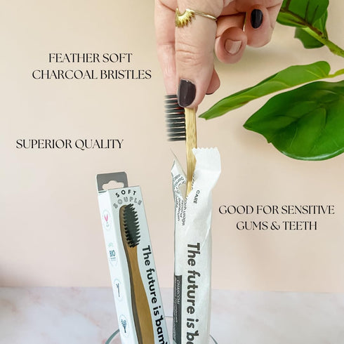 4 Pack Soft Bamboo Charcoal Toothbrush for Adults - Soft Bristle for Sensitive Gum - Aesthetic Wooden Toothbrush with Natural Look for Clean Teeth...