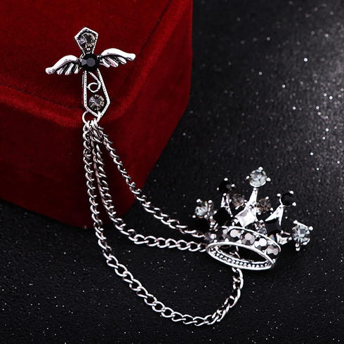 Cross Crown Long Chain Brooch, Rhinestone Tassel Brooch Pin,Retro Crystal Suit Pins Collar Pin,Coat Tassel Chain Lapel Pins for Men's Suit Accesso...