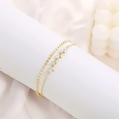 Foxgirl Gold Ankle Bracelets for Women,14k Gold Plated/Silver Anklets for Women Waterproof Layered CZ Leaf Beaded Cuban Chain Anklets Set Summer B...