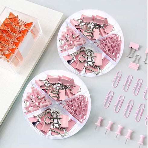 Pink Paper Clips and Binder Clips Set, 3 Pack, 216 pcs, Metal Assorted Sized Binders with Push Pins, Cute Office Supplies for Desk, Desk Accessori...