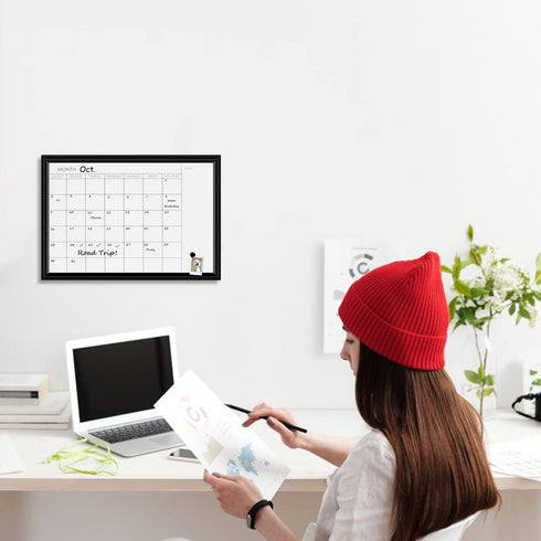 Dry Erase White Board & Monthly Calendar Board, Magnetic Whiteboard for Wall, Office/School/Home, Hanging Board for Decoration/Kitchen/Memo, Black...