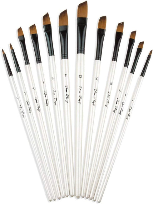 Angular Paint Brush, CBTONE 12pcs Nylon Hair Angled Paint Brushes Set Art Paintbrush for Watercolor, Acrylic, Gouache, Oil Painting - White...