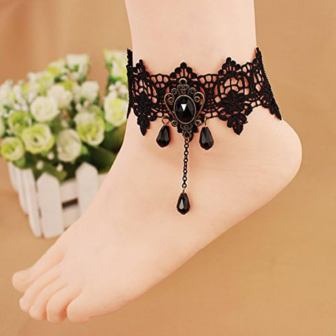 Romantic Retro Vintage Gothic Sexy Clear Rhinestone Anklet Foot Sandal Beach Wedding Jewelry Lace Ankle Bracelet Women Anklets Chain...