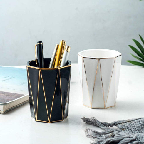 Ceramic Cone-Shape Pen Holder With Gold Line Stand Pencil Cup Pot Desk Organizer Makeup Brush Holder (Black)...