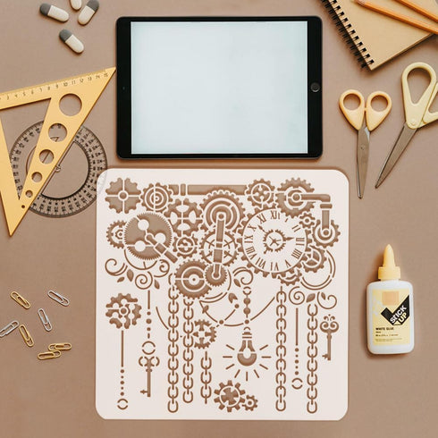 FINGERINSPIRE 3 Pcs Retro Gear Painting Stencil 11.8x11.8inch Reusable Steampunk Gear Steampunk Chain Key Pattern Drawing Template Gear Clocks Ste...