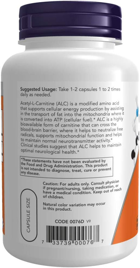 NOW Supplements, Acetyl-L Carnitine 500 mg, Amino Acid, Brain And Nerve Cell Function*, 100 Veg Capsules...