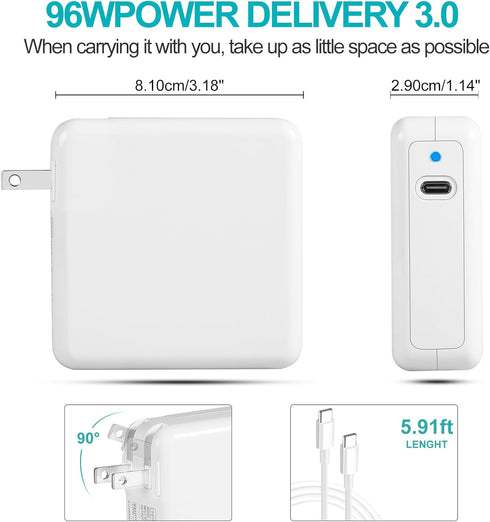 Mac Book Pro Charger 96W USB C Fast Charger Power Adapter Compatible with USB C Port MacBook Pro/MacBook Air 16 15 14 13 Inch New iPad Pro and All...