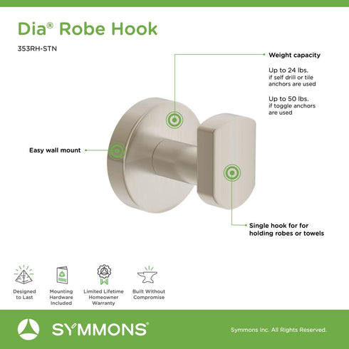 Symmons 353RH-STN Dia Wall-Mounted Robe Hook in Satin Nickel...