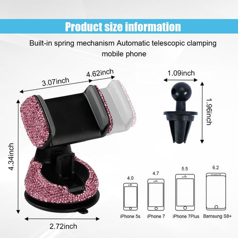 Bling Car Phone Holder, 360° Adjustable Crystal Car Phone Holder, Car Interior Accessory with One More Air Vent Base, Universal Phone Holder for D...