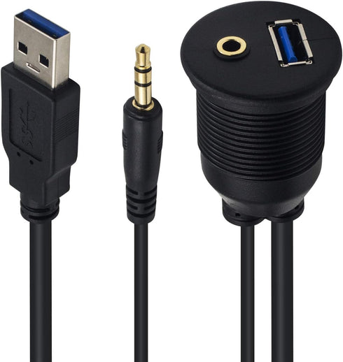 Duttek USB Panel Flush Mount cable - 3.3ft USB 3.0 & 3.5MM Male to Female AUX Extension Mount, Dash Mount, Flush Mount, Panel Mount Cable, for Car...